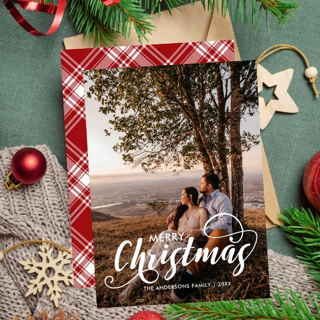 Cartes Pour Fêtes Annuelles Joyeux Noël moderne Nom de la famille Tartan (Créateur téléchargé)