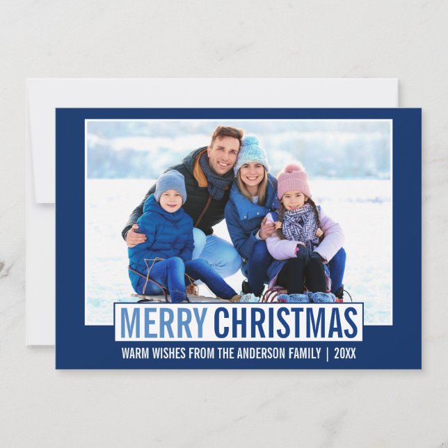 Cartes Pour Fêtes Annuelles Joyeux Noël moderne Photo de famille bleu (Devant)