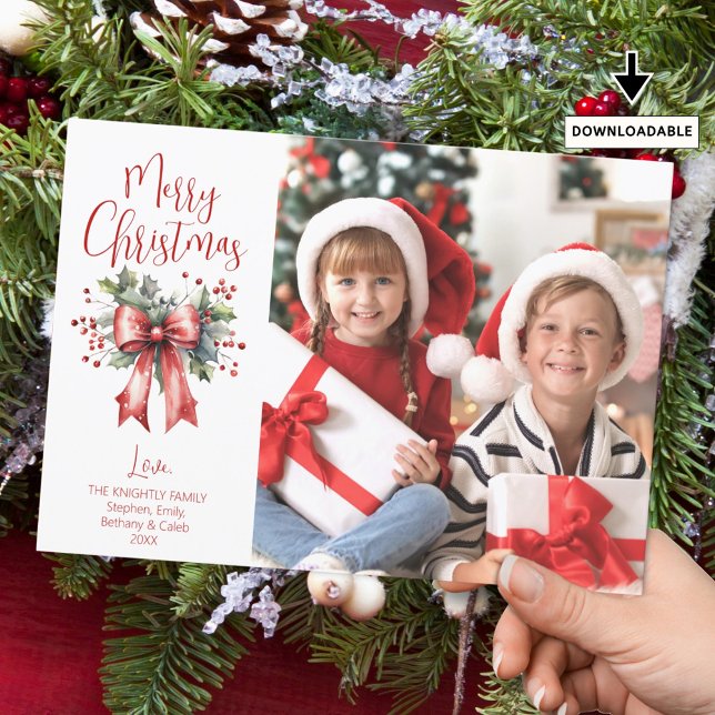 Cartes Pour Fêtes Annuelles Joyeux Noël moderne Script photo Holly Bow (Créateur téléchargé)