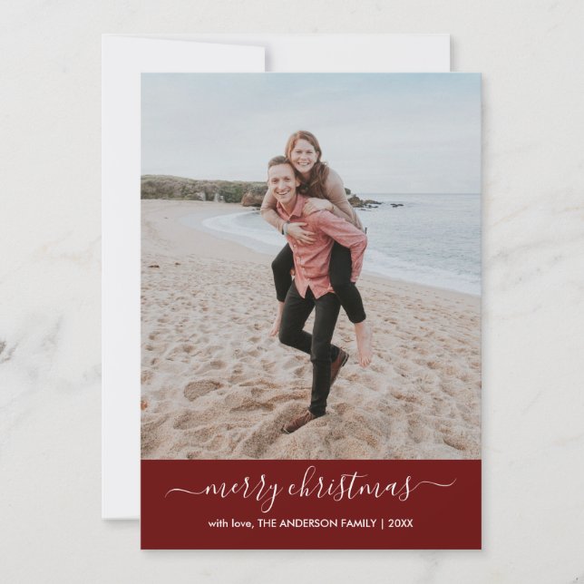 Cartes Pour Fêtes Annuelles Joyeux Noël moderne Script Photo Rouge Chevron (Devant)