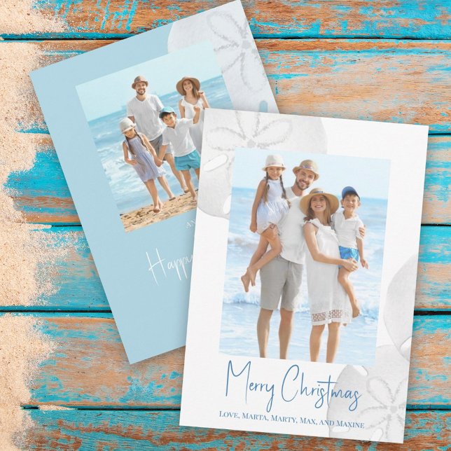 Cartes Pour Fêtes Annuelles Joyeux Noël Moderne Simple Bleu Dollar (Christmas Holiday Tropical Blue Beach Photo Card with a two-photo template.)