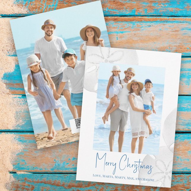 Cartes Pour Fêtes Annuelles Joyeux Noël Moderne Simple Bleu Dollar (Christmas Holiday Tropical Blue Beach Photo Card with a two-photo template.)