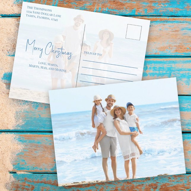 Cartes Pour Fêtes Annuelles Joyeux Noël Moderne Simple Bleu Dollar (Holiday Christmas Noel Sand Dollar Beach Typography Postcard.)