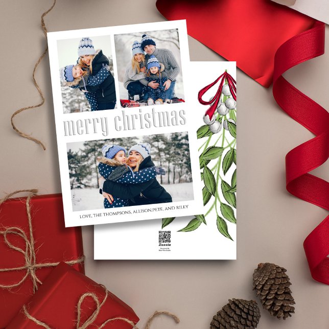 Cartes Pour Fêtes Annuelles Joyeux Noël Moderne Simple Mistletoe 3 photo (Simple Merry Christmas holiday card with a three photo layout. )