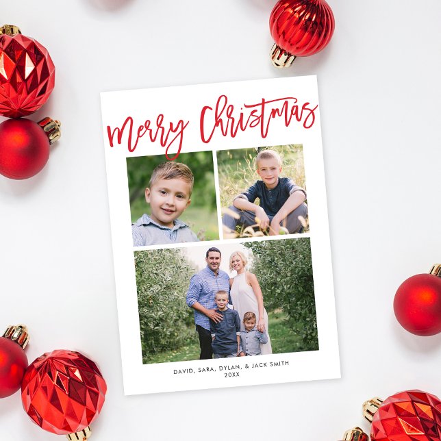 Cartes Pour Fêtes Annuelles Joyeux Noël moderne Simple Rouge Script 3 Photo (Créateur téléchargé)