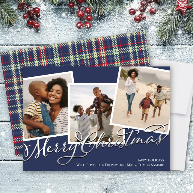 Cartes Pour Fêtes Annuelles Joyeux Noël Multi Photo Marine bleu Rouge Plaid (Merry Christmas Navy Blue Plaid Multi Photo Holiday Card)