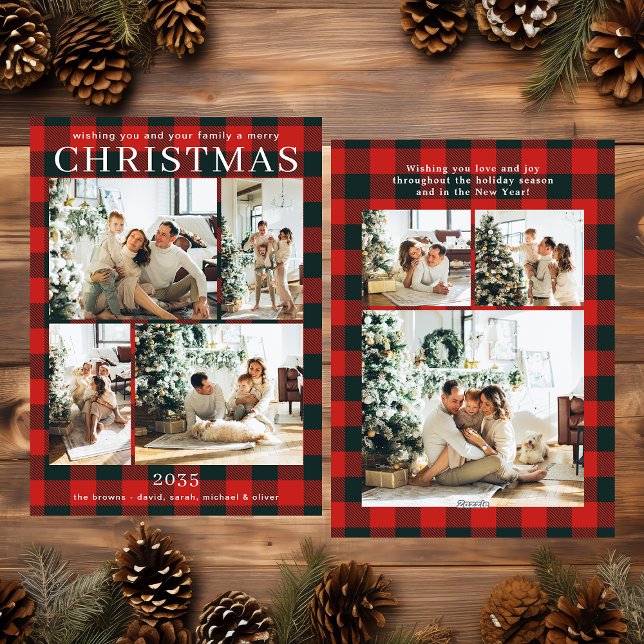 Cartes Pour Fêtes Annuelles Joyeux Noël Multi Photo Rouge Buffalo Plaid (Créateur téléchargé)