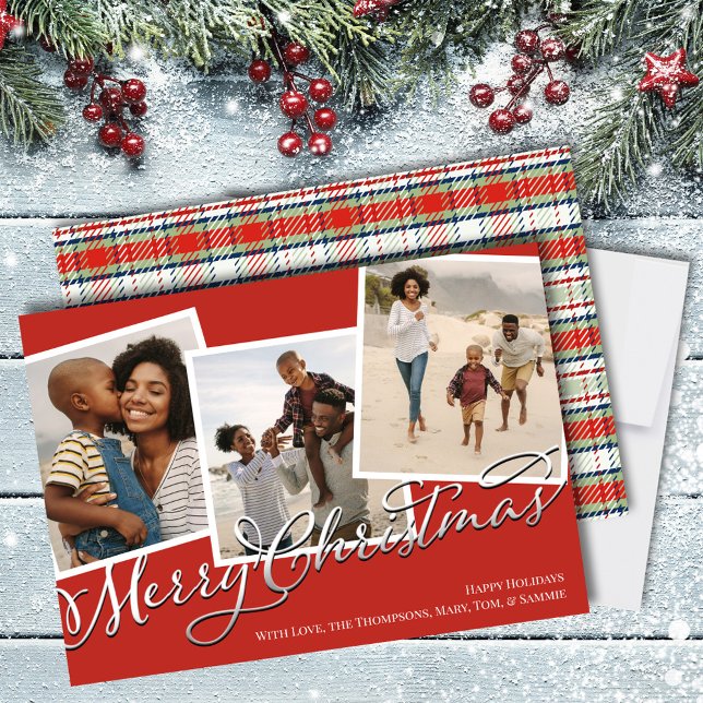 Cartes Pour Fêtes Annuelles Joyeux Noël Multi Photo Rouge Vacances Plaid (Merry Christmas Red and Green Plaid Calligraphy Script holiday photo card. )