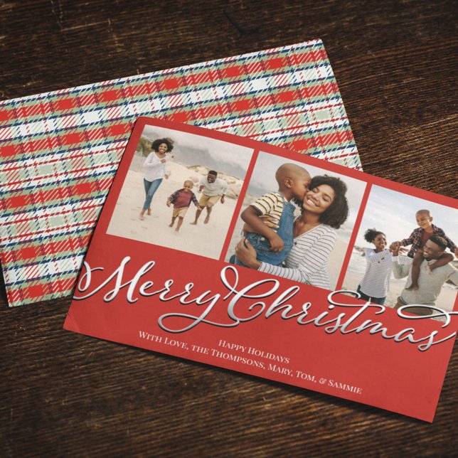 Cartes Pour Fêtes Annuelles Joyeux Noël Multi Photo Rouge Vacances Plaid (Merry Christmas Calligraphy red and green plaid multi photo greeting card)
