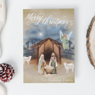 Cartes Pour Fêtes Annuelles Joyeux Noël Nativité Manger Scène Aquarelle
