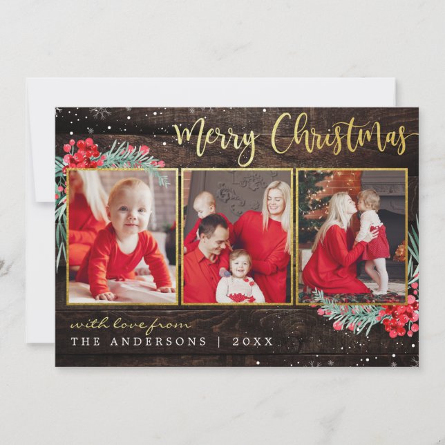 Cartes Pour Fêtes Annuelles Joyeux Noël Neige Or sur bois 3 Photo Collage (Devant)