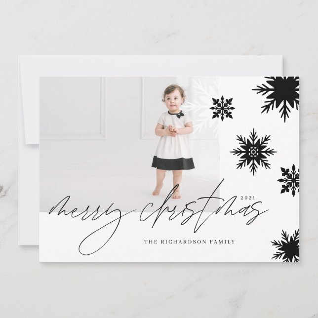 Cartes Pour Fêtes Annuelles Joyeux Noël Noir & Blanc Snowflakes Famille (Devant)