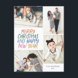 Cartes Pour Fêtes Annuelles Joyeux Noël Nouvel An Coloré 4 Photo Collage<br><div class="desc">Cette carte postale de vacances multiphoto design et festive présente un style manuscrit avec un collage photo présentant 4 de vos photos. Au verso, ajoutez votre adresse de retour et un message personnalisé pré-imprimé pour un envoi facile et rapide par carte de vacances. Ajoutez simplement vos photos et votre texte...</div>
