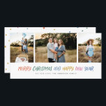 Cartes Pour Fêtes Annuelles Joyeux Noël Nouvel An Colorée 3 Photo Collage<br><div class="desc">Ce design élégant dispose d'un collage photo 3 avec un accueil design manuscrit moderne dans des couleurs vives qui pop. Vient avec un motif de chute de neige fantaisiste sur l'arrière pour correspondre.</div>