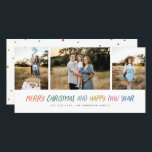 Cartes Pour Fêtes Annuelles Joyeux Noël Nouvel An Colorée 3 Photo Collage<br><div class="desc">Ce design élégant dispose d'un collage photo 3 avec un accueil design manuscrit moderne dans des couleurs vives qui pop. Vient avec un motif de chute de neige fantaisiste sur l'arrière pour correspondre.</div>