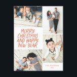 Cartes Pour Fêtes Annuelles Joyeux Noël Nouvel An Rouge 4 Photo Collage<br><div class="desc">Cette carte postale de vacances multiphoto design et festive présente un style manuscrit avec un collage photo présentant 4 de vos photos. Au verso, ajoutez votre adresse de retour et un message personnalisé pré-imprimé pour un envoi facile et rapide par carte de vacances. Ajoutez simplement vos photos et votre texte...</div>