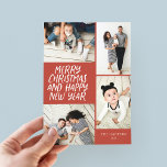 Cartes Pour Fêtes Annuelles Joyeux Noël Nouvel An Rouge 4 Photo Collage<br><div class="desc">Cette carte de vacances multi-photo design et festive présente un style manuscrit avec un collage photo présentant 4 de vos photos. Le côté arrière est doté d'un motif à points flottants aux couleurs assorties. Ajoutez simplement vos photos et votre texte avec quelques clics et des robinets et vous avez terminé....</div>