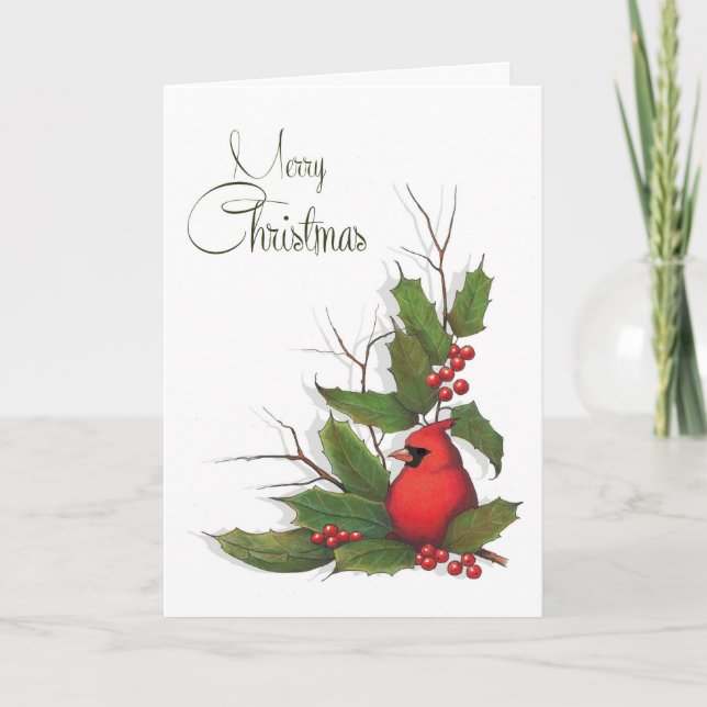Cartes Pour Fêtes Annuelles Joyeux Noël, oiseau cardinal rouge, houx, baies (Devant)