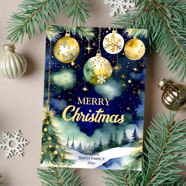 Cartes Pour Fêtes Annuelles Joyeux Noël or baubles nuit aquarelle (Merry Christmas holiday greeting card template digital download watercolor gold baubles starry night)