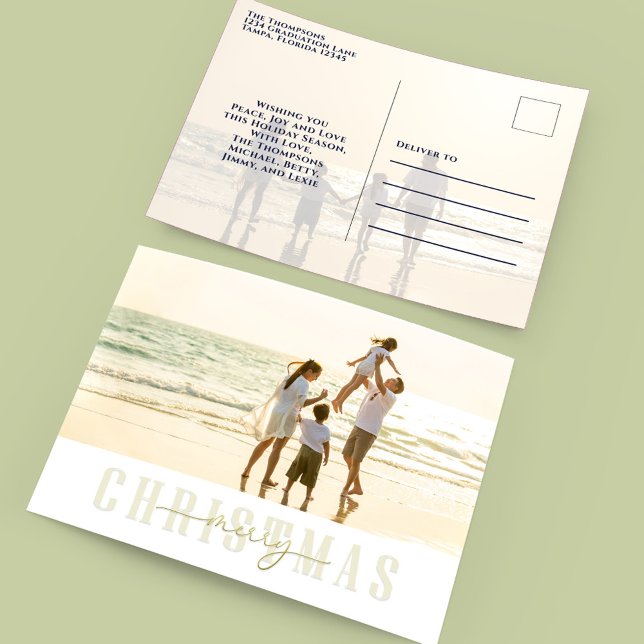 Cartes Pour Fêtes Annuelles Joyeux Noël Or élégante calligraphie 2 Photo (Merry Christmas elegant gold two photo template postcard. )