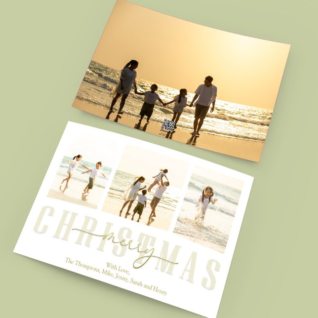 Cartes Pour Fêtes Annuelles Joyeux Noël Or élégante calligraphie 4 Photo (Merry Christmas gold typography-style photo card with a four-photo template. )