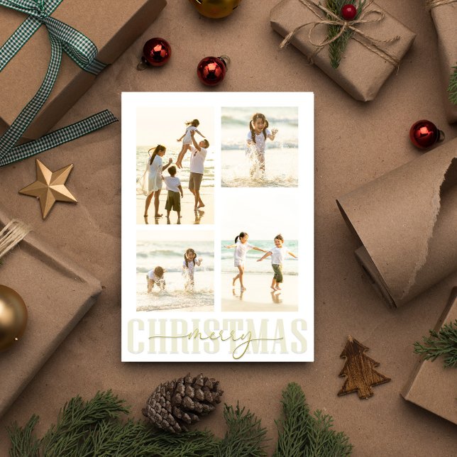 Cartes Pour Fêtes Annuelles Joyeux Noël Or élégante Calligraphie 5 Photo (Completely editable template, add your own photos, and create an eye-catching photo postcard.)