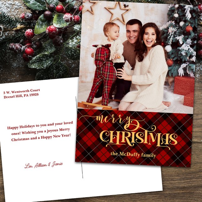 Cartes Pour Fêtes Annuelles Joyeux Noël or sur Red Tartan Photo (Créateur téléchargé)