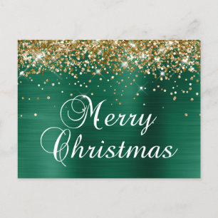 Cartes Pour Fêtes Annuelles Joyeux Noël Paillettes Dorées Vert Chasseur Feuill