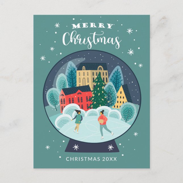 Cartes Pour Fêtes Annuelles Joyeux Noël | Patineurs de Fêtes Globe de Neige (Devant)