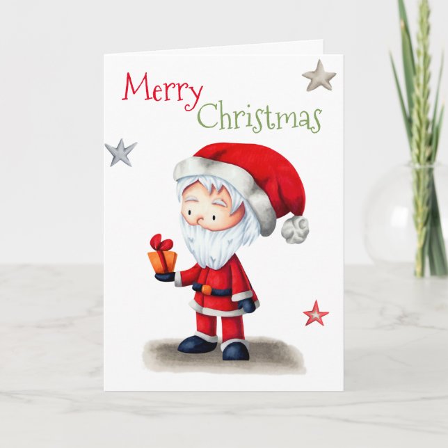 Cartes Pour Fêtes Annuelles Joyeux Noël Père Noël avec cadeau illustré (Devant)
