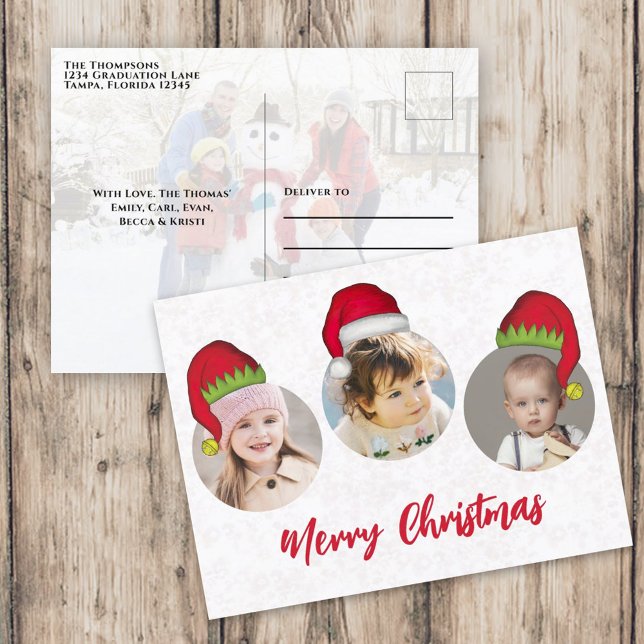 Cartes Pour Fêtes Annuelles Joyeux Noël Père Noël Casquette (Merry Christmas holiday three photo postcard template with circle photo template. )