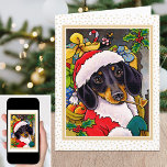 Cartes Pour Fêtes Annuelles Joyeux Noël Père Noël Chien Dachshund<br><div class="desc">Il est temps d'être festif avec ce Père Noël Dog carte pour notes amusant! Doté d'un mignon petit Daschund avec un chapeau de Père Noël et d'un sac plein de cadeaux. L'accueil et le message à l'intérieur peuvent être personnalisés, de sorte que vous pouvez le rendre vraiment unique. Taille :...</div>