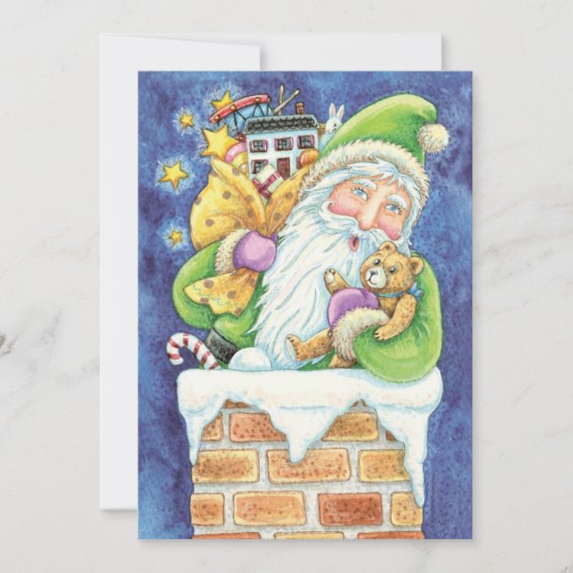 Cartes Pour Fêtes Annuelles Joyeux Noël, Père Noël dans la cheminée avec des j (Devant)