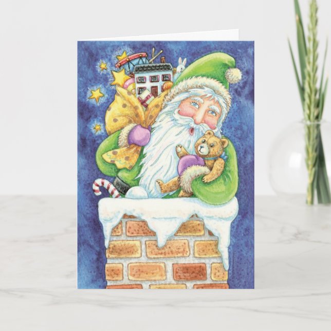 Cartes Pour Fêtes Annuelles Joyeux Noël, Père Noël dans la cheminée avec des j (Devant)