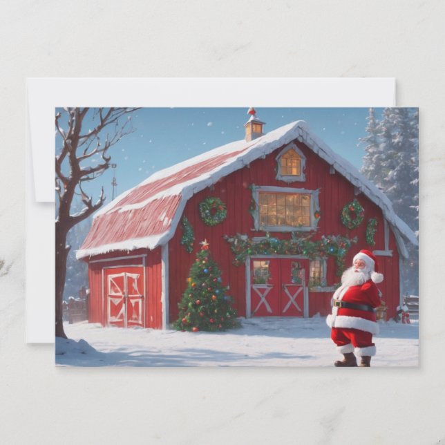 Cartes Pour Fêtes Annuelles Joyeux Noël - Père Noël et Red Barn (Devant)