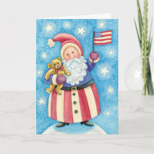 Cartes Pour Fêtes Annuelles Joyeux Noël, Père Noël patriotique avec drapeau