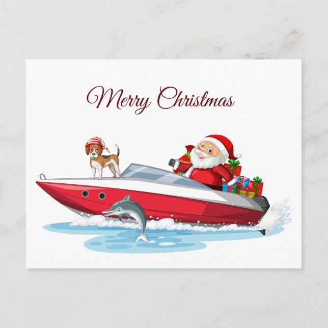Cartes Pour Fêtes Annuelles Joyeux Noël Père Noël sur le bateau avec chien (Devant)