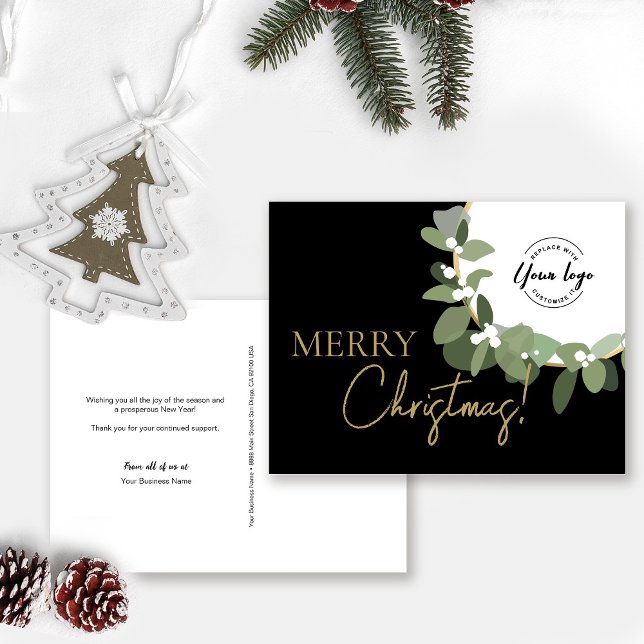 Cartes Pour Fêtes Annuelles Joyeux Noël personnalisé Logo de l'entreprise Gold (Customizable logo, message, business name, return address Holiday Corporate card.)