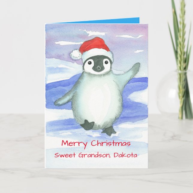 Cartes Pour Fêtes Annuelles Joyeux Noël petit-fils bébé pingouin personnalisé (Devant)