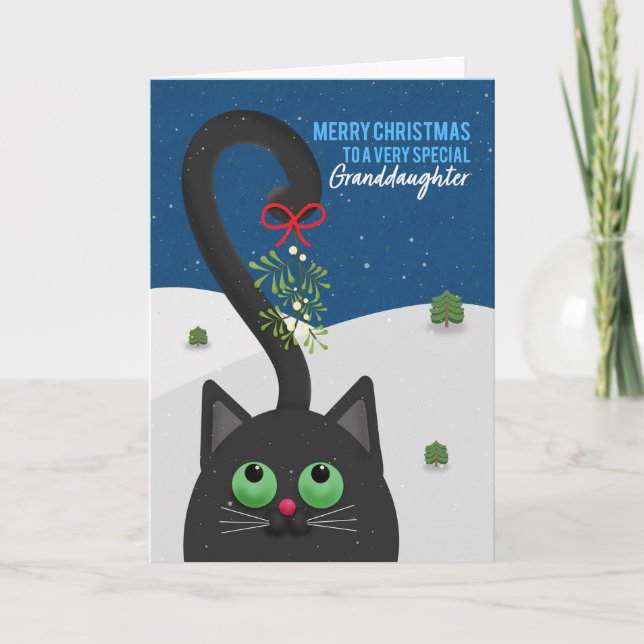 Cartes Pour Fêtes Annuelles Joyeux Noël Petite-fille Chat avec du gui (Devant)