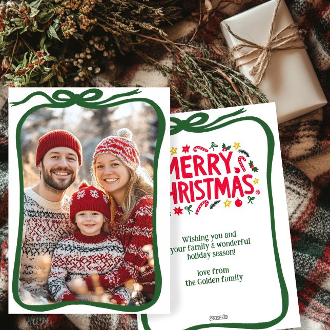Cartes Pour Fêtes Annuelles Joyeux Noël photo à main (Merry Christmas Hand-Drawn Bow Frame CUSTOM PHOTO Holiday Card
)
