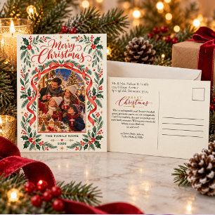 Cartes Pour Fêtes Annuelles Joyeux Noël Photo avec houx et ruban arqué