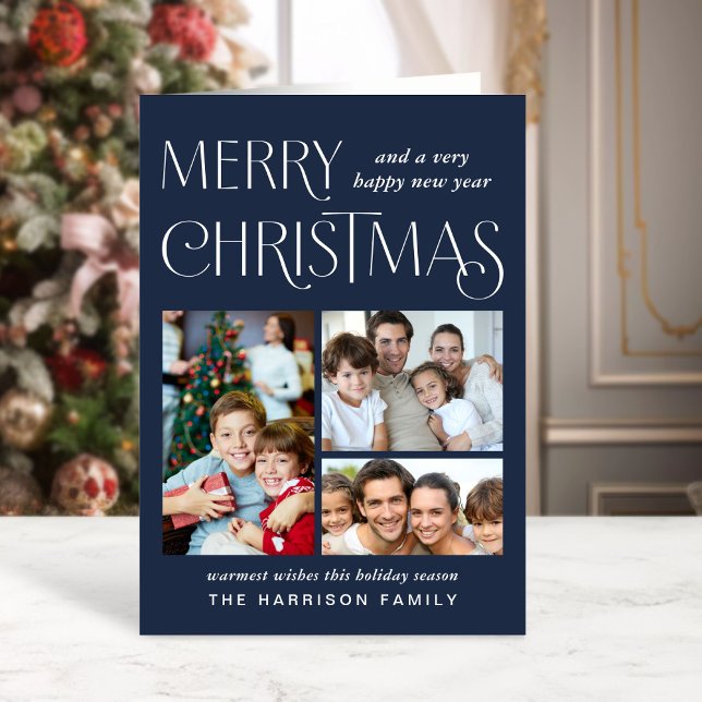 Cartes Pour Fêtes Annuelles Joyeux Noël photo bleu (This holiday season, let your family's smiles and heartwarming memories shine on our 3 photo card)