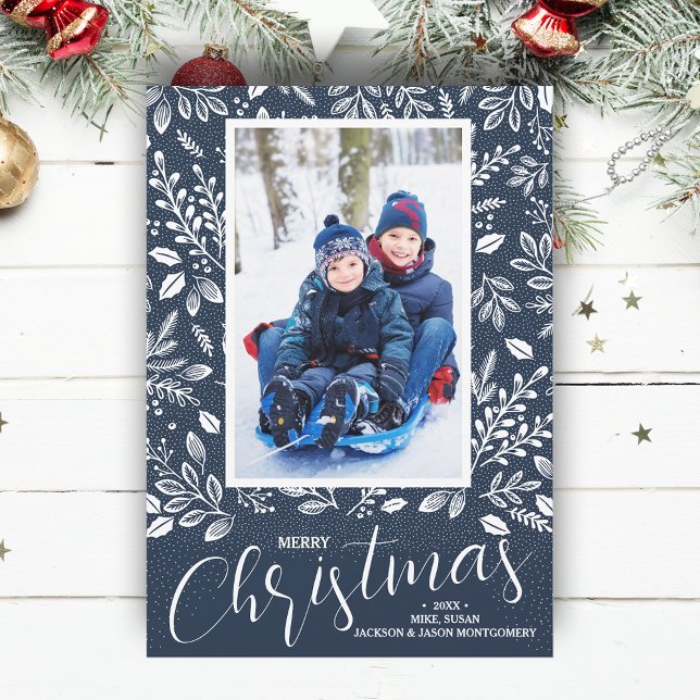 Cartes Pour Fêtes Annuelles Joyeux Noël photo bleue de la Marine (White botanicals on navy blue Merry Christmas photo holiday cards, PRINTED and/or INSTANT DOWNLOAD)