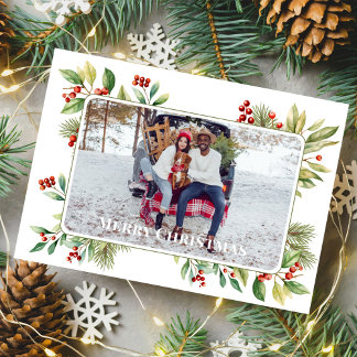 Cartes Pour Fêtes Annuelles Joyeux Noël Photo Botanique Holly Greenery
