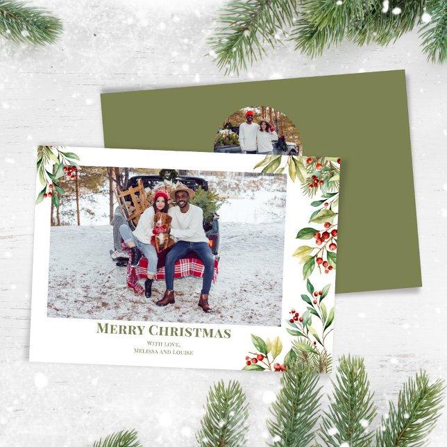 Cartes Pour Fêtes Annuelles Joyeux Noël Photo Botanique Holly Greenery (Celebrate the Holidays in style with a watercolor greenery photo card.  )