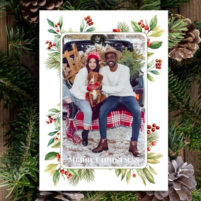 Cartes Pour Fêtes Annuelles Joyeux Noël Photo Botanique Holly Greenery (Watercolor greenery and red holly berries photo card. )