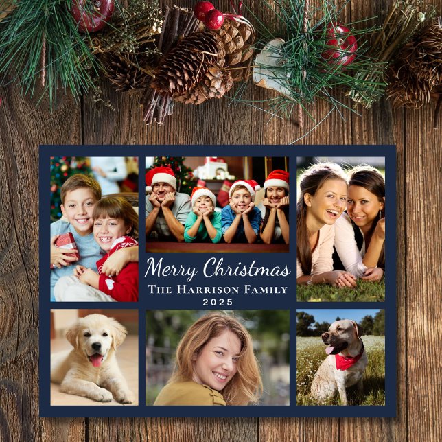 Cartes Pour Fêtes Annuelles Joyeux Noël Photo Collage Bleu (Share the love and warmth of the season with your personalized photo Christmas card)