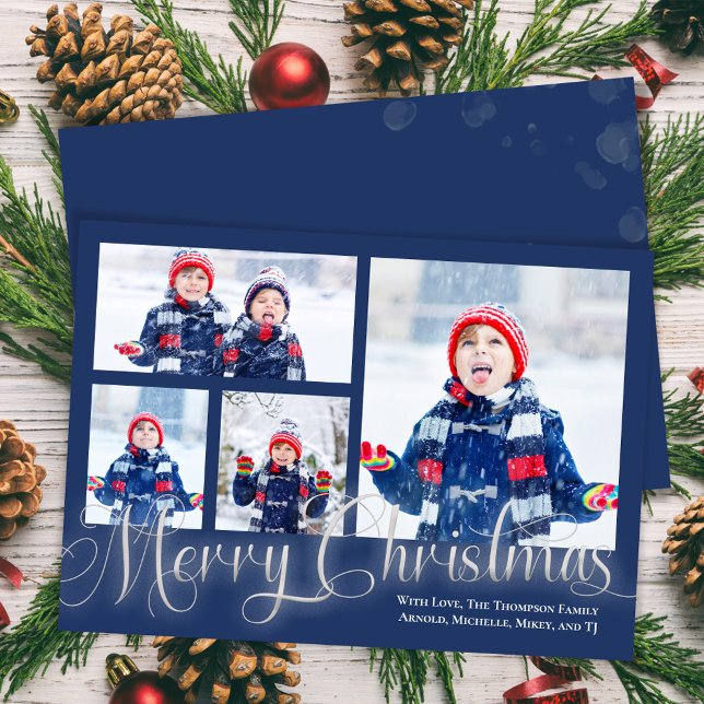 Cartes Pour Fêtes Annuelles Joyeux Noël Photo Collage Marine Script bleu (Merry Christmas in shimmering silver with Navy Blue. )