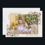 Cartes Pour Fêtes Annuelles Joyeux Noël Photo Collage Poinsettias<br><div class="desc">Elégante carte de voeux de Noël 5 photos avec le texte "Joyeux Noël". Personnalisé avec l'année et le nom de famille, également. Les photos sont à l'avant et à l'arrière de la carte. Accenté de poinsettes rouges et blanches et de verdure. Contactez-moi pour obtenir de l'aide sur vos personnalisations ou...</div>
